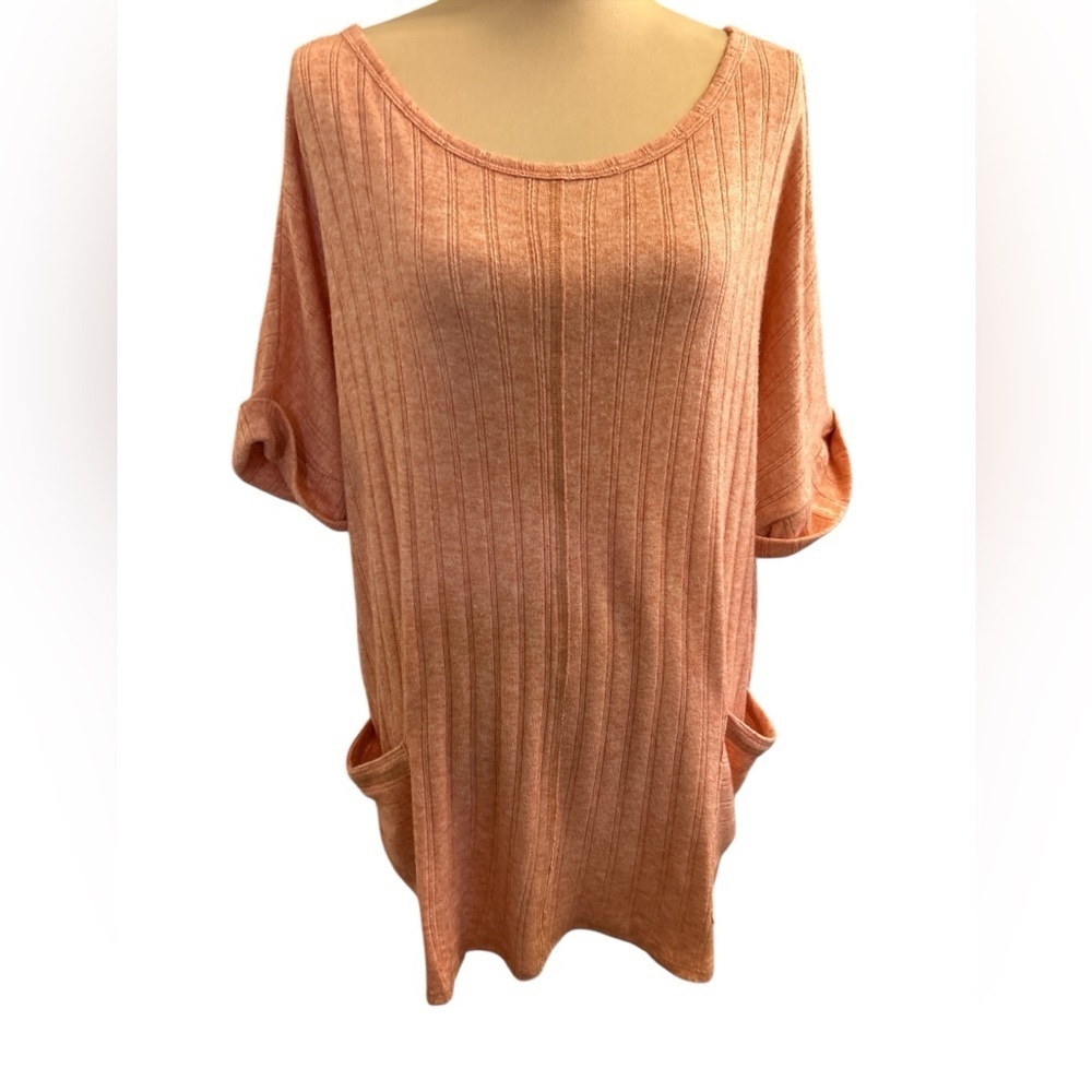 Chic Soul Womens 3X Short Sleeve Salmon Pink Boat Neck Pullover Sweater Pockets.